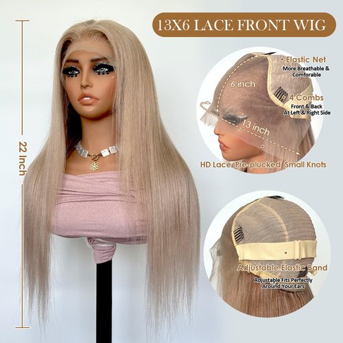 DonsiRol 613 Straight Ash Blonde Wig Human Hair, 13x6 HD Lace Front Wigs Human Hair, Glueless & Pre Plucked Human Hair Wig with Baby Hair, 180% Density Ash Blonde Wig (22inch)