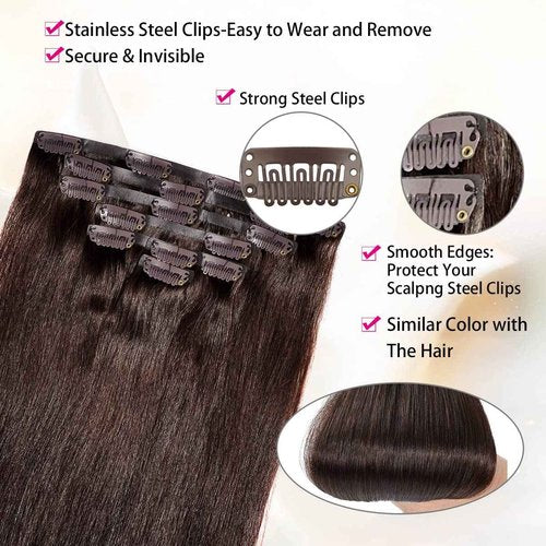 Asteria Seamless Clip In Hair Extensions Real Human Hair Straight Remy Human Hair Clip In Extensions For Women, #2 Dark Brown Soft Silk Straight Human Hair 7pcs 120g 20 Inch