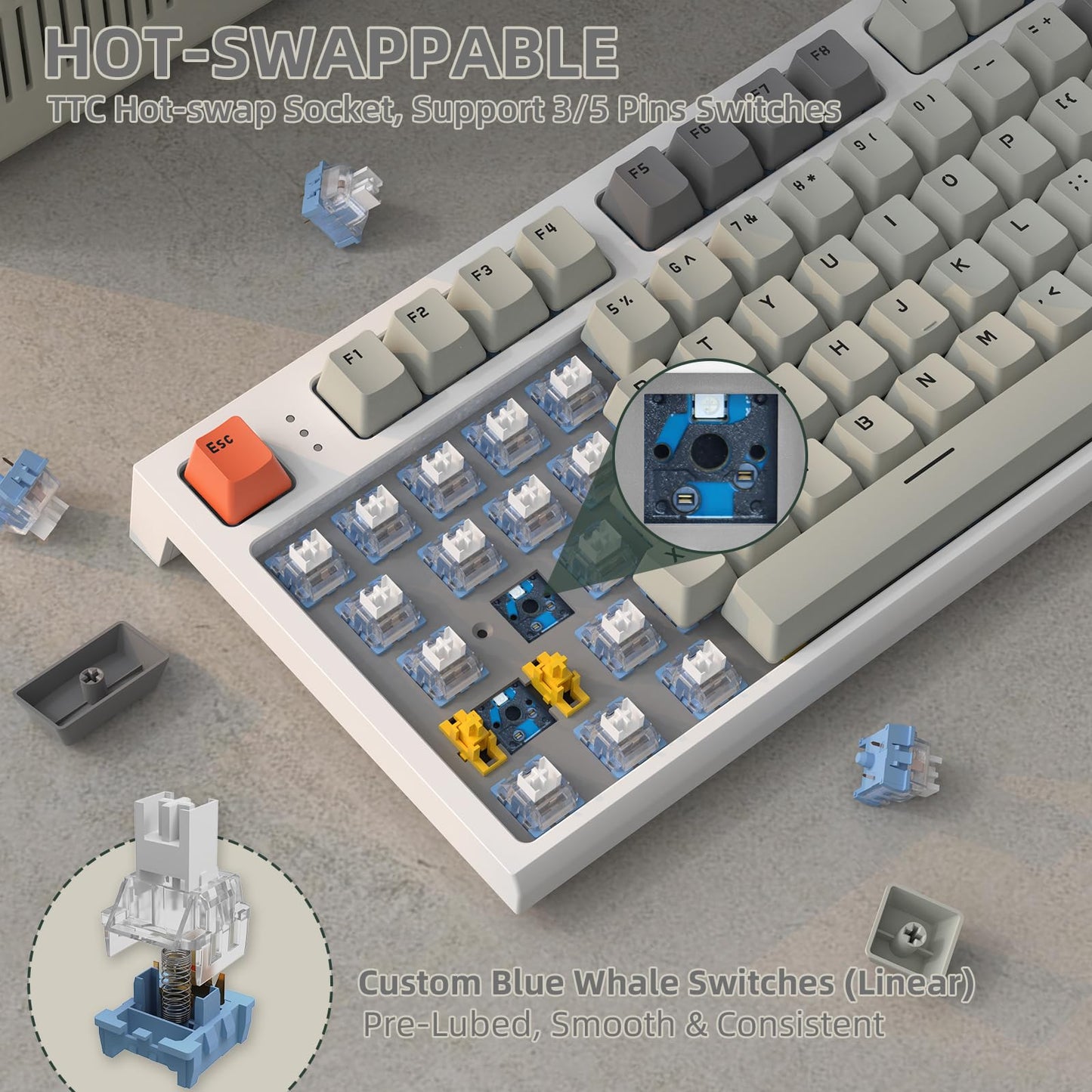 RK86 Mechanical Keyboard, 2.4G Wireless/BT5.0/USB-C Wired Gaming Keyboard 75% Layout TKL 87 Keys with 1.2'' TFT HD Color Display & CNC Knob, 27 RGB Backlit TTC Hot-Swap Linear Switch PBT Keycap - Grey