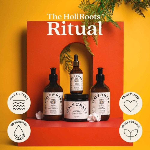Fable & Mane Good Karma Hair Gift Set, for Stronger, Healthier Hair. Travel-sized Minis of HoliRoots Hair Oil, Hydrating Shampoo, Conditioner and Hair Mask
