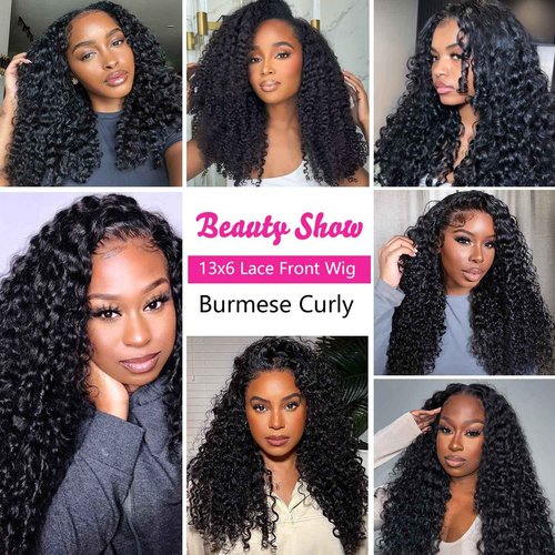 Mihugass Jet Black Burmese Curly Wigs For Women13x6 Lace Front Wigs 250 Density Brazilian Full Lace Human Hair Wigs Preplucked With Baby Hair 250 Density(16 inch)