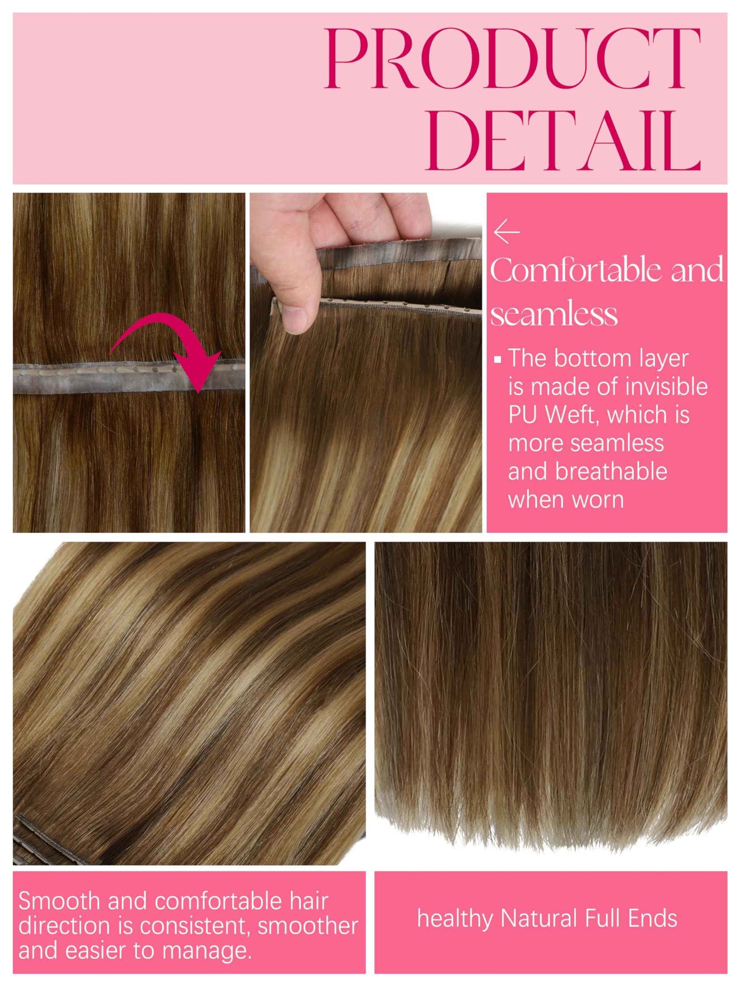 Lacer Double Invisible Weft PU OVO Human Hair Extensions 16in Butterfly Extensions Human Hair Chocolate Brown To Caramel Blonde With Brown Roots Glueless Micro Beads Tape Width 31.5" For Women 100g