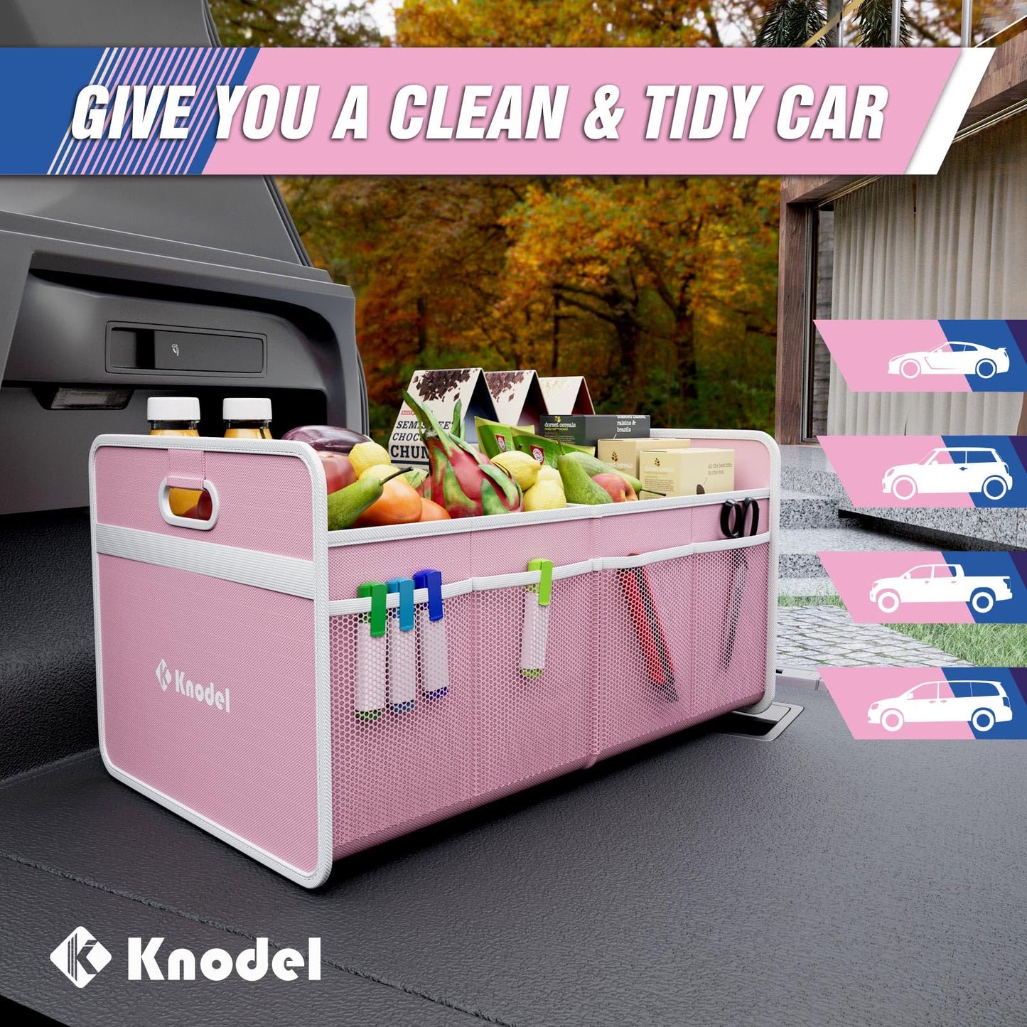 K KNODEL Car Trunk Organizer, Foldable Organizer for Car, Automotive Consoles & Organizers, Storage with Reinforced Handles (Small, Pink)
