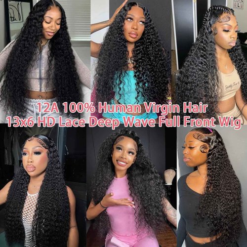 Dianthe 13x6 Deep Wave Lace Front Wigs Human Hair 20 Inch Deep Curly Human Hair Wig- Pre Plucked, 180% Density, Glueless, Natural color