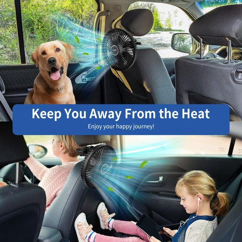 XOOL Clip Car Fan, 9 Inches 12V/24V Fan for Front/Rear Seat Passenger, 360 Degree Rotatable Electric Cooling with Stepless Speed Regulation SUV, RV, Truck