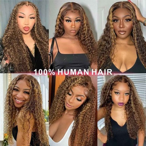 Labamiya Highlight Jerry Curly Human Hair Wig 4x1 T Closure Glueless Wigs Human Hair Pre Plucked Pre Cut Lace Closure Glueless Wigs Elastic Band 200% Density P4/30 Honey Blonde Color