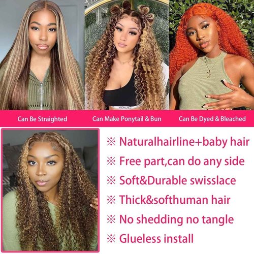 Yeeaak 13x6 Highlight Deep Wave Lace Front Wigs Human Hair Ombre 4/27 Curly HD Lace Frontal Wig for Women 180% Density Pre Plucked Glueless Honey Blonde Wig 18 Inch