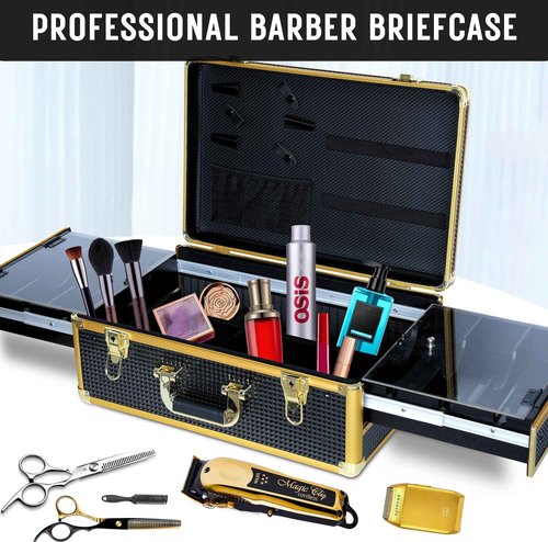 HAPPYPOSH Barber Case Organizer, Barber Briefcase Tool Box, Barber Carrying Case, Large Barber Cases for Clippers and Supplies, Travel Hair Stylist Tools Storage, Luxury Gold & Black