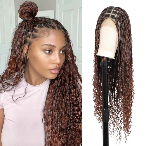 Brinbea 13x8'' HD Lace Front Braided Wigs for Women Knotless Boho Braided Wigs with Baby Hair Brown Box Braid Wig Long Human Hair Blended Braid Lace Front Wigs 36 Inch
