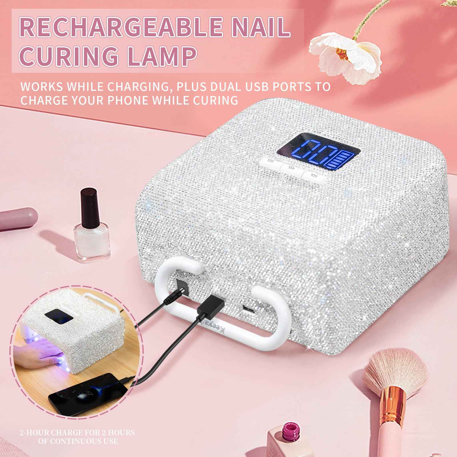 keeyada 220W UV LED Nail Lamp, UV Light for Gel Nails, Wireless Rechargeable Professional Curing Lamp, with Portable Handle and Sparkly Rhinestones, LCD Display, Easy to Carry for Salon & Home