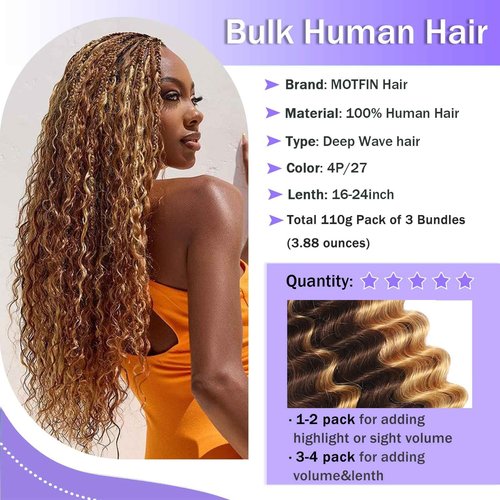 Human Braiding Hair for Boho Braids Human Hair 3 Bundles/Pack 110g 24 Inch Deep Wave Bulk Human Hair for Braiding Curly Knotless 12A Brazilian Virgin Ombre Balayage