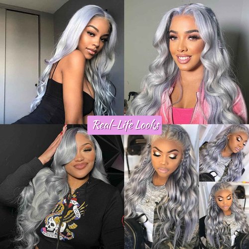 Mscathy Halloween Wigs 200% Grey Human Hair Wigs Body Wave 13×4 UHD Transparent Pre Plucked Pre Cut Gray Lace Front Wig Virgin Human Hair Glueless Lace Front Wigs for Women (20 Inch, Grey body wave)