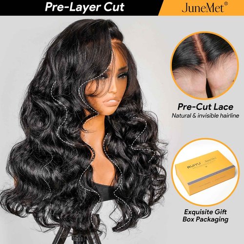 JuneMet Side Part Layered Curtain Bangs Wig Human Hair 9x6 Glueless Wigs Human Hair Pre Plucked Pre Cut Loose Body Wave 220 Density HD Lace Clourse Front Wigs with Bangs for Black Women 14 Inch