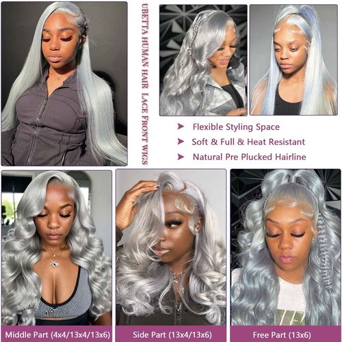 Ubetta 13x6 Grey Lace Front Wigs Human Hair, 24 Inch Silver Gray Glueless Wig Human Hair Pre Plucked HD Lace Front Wigs Silver Grey 180% Density Straight Lace Frontal Wig for Black Women