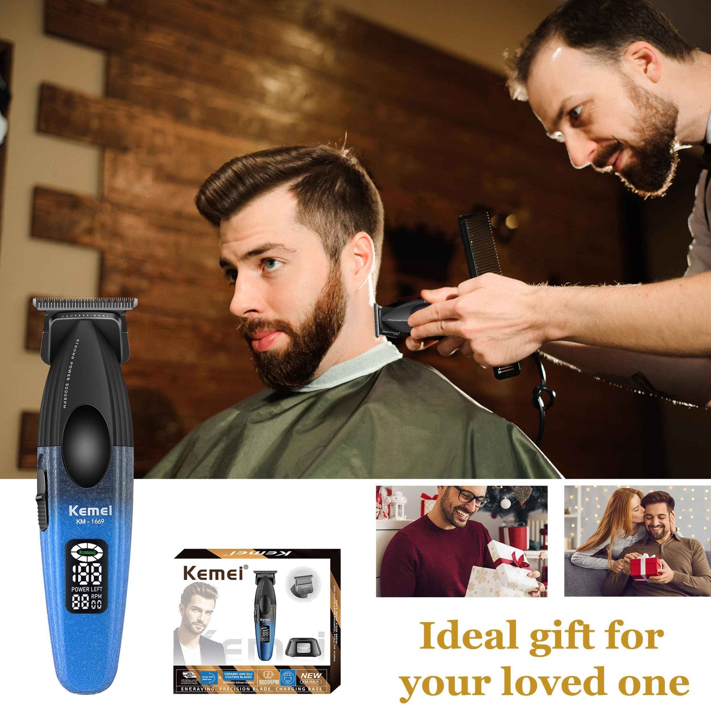 KEMEI 1669 Beard Trimmer for Men, Cordless Hair Trimmers with LED Display, 9000 RPM Hair Clippers for Barber with Charging Base, DLC Coated T-Blade