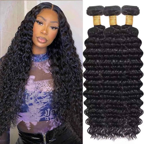 Deep Wave Human Hair Bundles, 22 24 26 Inch, 100% Unprocessed Brazilian Virgin Hair, Deep Curly, Natural Black, Wet And Wavy Bundles - 3 Pack, Style Keep Texture Silky Soft, Hair Extension