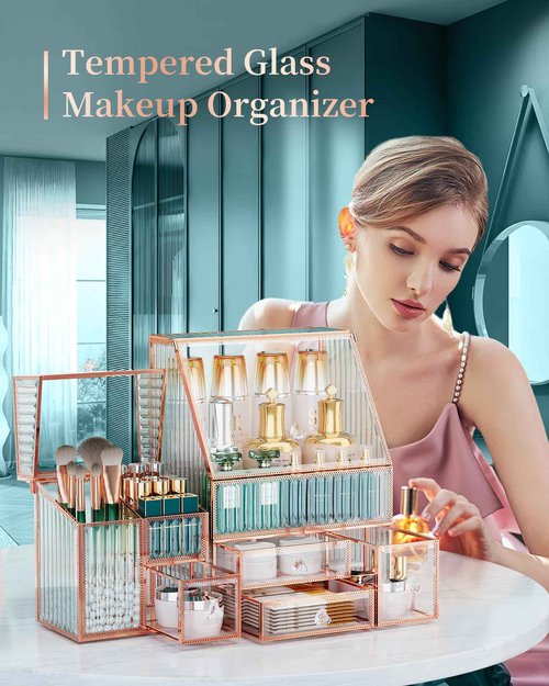 Youdepot Glass Makeup Organizer - Multi-Functional 3-in-1 Cosmetic Organizer for Skincare, Lipstick, Brushes - Vanity Organizer & Bathroom Organizer