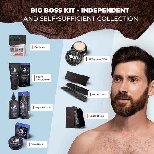 Bossman Big Boss Beard Care Kit for Men - 7 Piece Beard Grooming Kit with Jelly Beard Oil, Beard Conditioner, Beard Balm, MUDstache Wax, Bar Soap, Metal Comb, Brush - Gift Set for Men (Royal Oud)