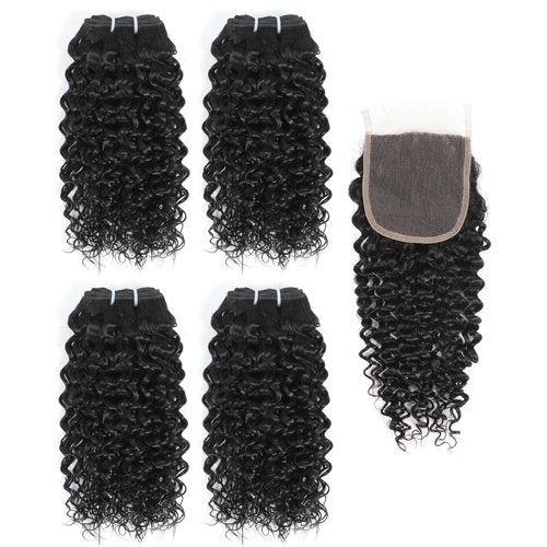 JTdebade 12 Inch Kinky Curly Human Hair Bundles Brazilian Virgin Human Hair 4 Bundles Natural Black Color 100% Unprocessed Curly Wave Human Hair Extensions(14 Inch curly *4+16 Inch Closure)