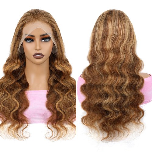 Honey Blonde Wig Human Hair Body Wave P4/27 Highlight Ombre Lace Front Wig Human hair 13X4 Lace Front Wigs Human Hair 180% Density HD Transparent Pre Plucked Body Wave Lace Front Wigs 20 Inch