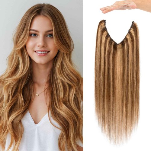 Charites Halo Hair Extensions Real Human Hair Invisible Wire Extensions with Transparent Fish Line Adjustable Size Medium Brown & Dark Blonde 20 inch