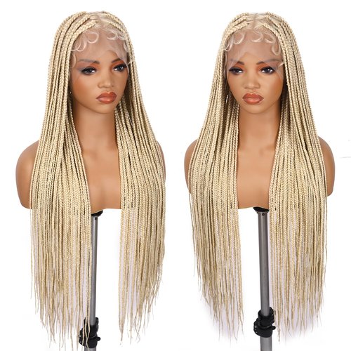 Lady Miranda Full Lace Braided Wigs for Black Women Knotless Box Braid Wig with Baby Hair 34" Glueless Wigs Jumbo Box Braids Lace Front Synthetic Wig (Blonde-box braid, 34 Inch)