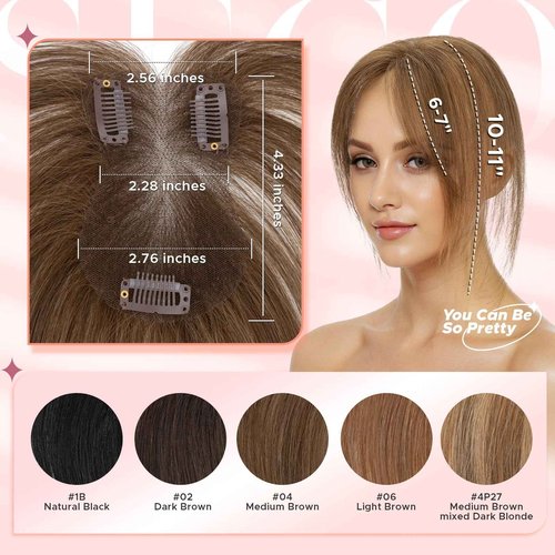 SEGOHAIR Hair Toppers for Women Real Human Hair with Bangs 360°Cover 3D Clips 2.76"x4.33" Breathable Lace Base 11 Inches Lightweight Hairpieces Curtain Bangs Medium Brown