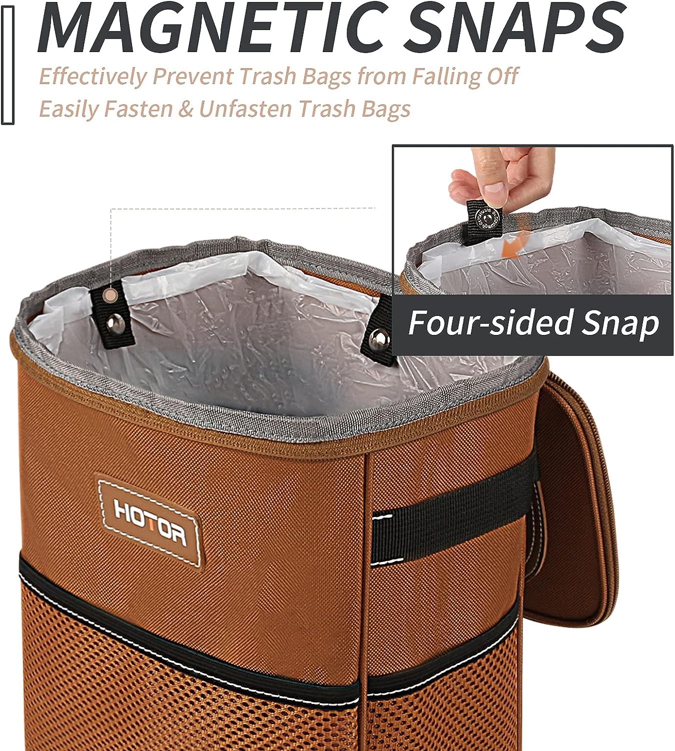 HOTOR Brown Car Trash Can with Adjustable Strap, Magnetic Snaps, Waterproof Lining, and Storage Pocket