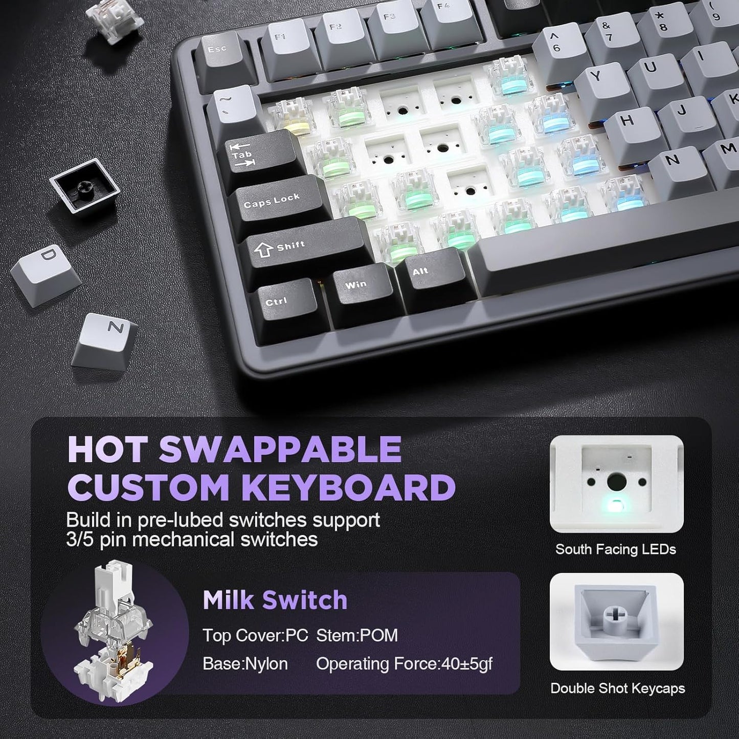 YUNZII B75 Mechanical Keyboard,75% Layout with Knob,Hot Swappable RGB Backlit Gasket Mounted, Creamy Typing, Double-Shot PBT Keycaps,Cherry Profile,for Win/Mac (White, Milk V2 Linear Switch)