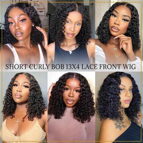 EMOBANA Short Curly Bob Wig Human Hair 13x4 Lace Front Wigs Brazilian Virgin Human Hair Lace Frontal Curly Wigs For Black Women Pre Plucked with Baby Hair 180 Density (16 Inch)