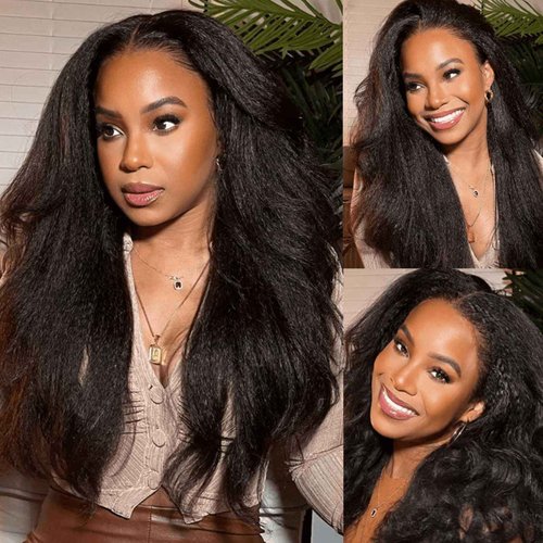 VIVIBABI Hair Lace Front Wigs Kinky Straight 6x4 Wear & Go Glueless Wigs Natural Hairline Pre Cut Lace Closure Wigs Human Hair 180% Density for Women 20Inch