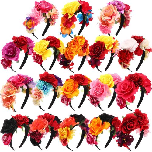 Xinnun 18 Pcs Mexican Rose Flower Crown Headband Easter Mardi Gras Headpiece Cosplay Headgear for Party
