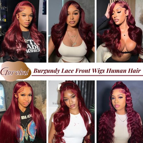 24 Inch Burgundy Wig Human Hair 13x6 Burgundy Lace Front Wigs Human Hair 200 Density HD Lace Front Wigs Glueless Wine Red Body Wave Lace Front Wigs Pre Plucked for Women