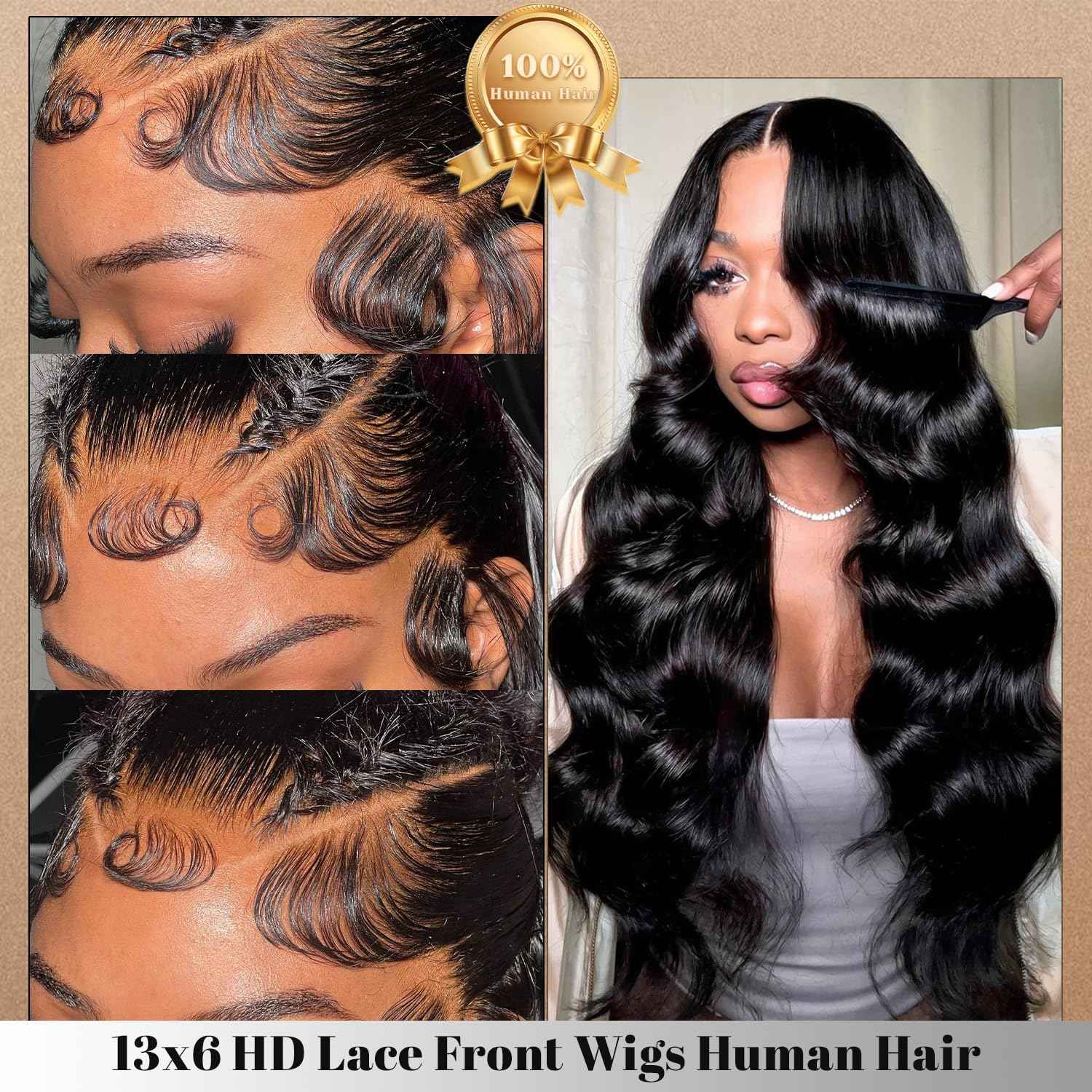 Ghios 13x6 Lace Front Wigs Human Hair Body Wave 30 Inch HD Lace Frontal Wigs Human Hair Body Wave Human Hair Wig for Women 210% Density Pre Plucked with Baby Hair Natural Black