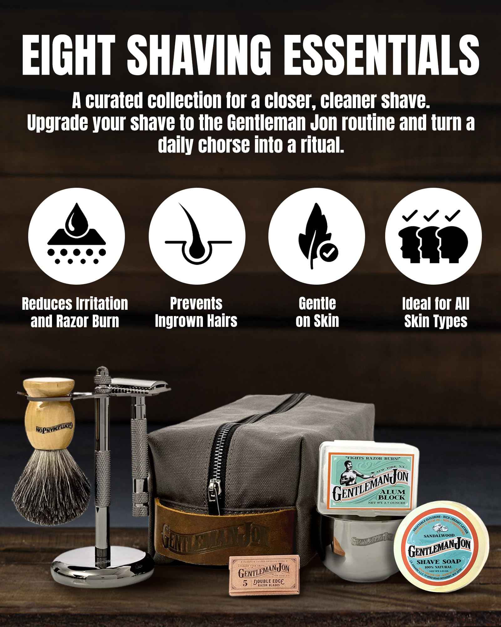 Gentleman Jon Deluxe Vintage Shaving Kit for Men - Men's Shaving Set Gifts, Compact Design, Includes Safety Razor and Brush Stand, Brush, Potassium Alum Block, Soap, Stainless Bowl, Stand & Dopp Kit