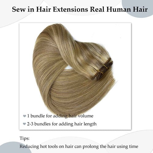 Ash Blonde Balayage Light Blonde Sew in Hair Extensions Real Human Hair 22 Inch 120G Weft Hair Extensions Human Hair Weave Bundles, Hand Tied Weft Hair Extension Sew in Bundles Human Hair