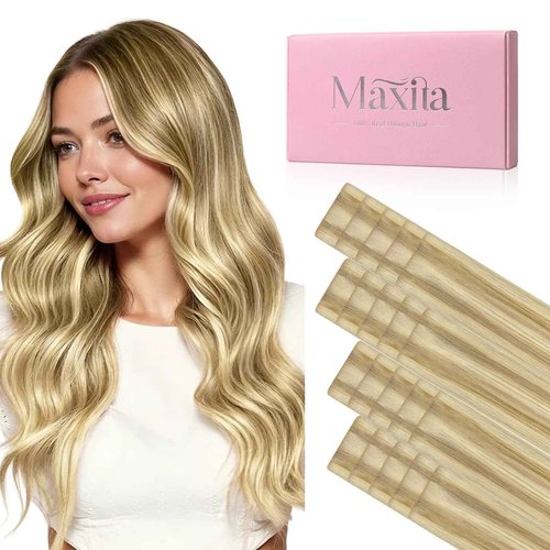 MAXITA Invisi Edge Tape in Hair Extensions Human Hair,Light Blonde Highlighted Golden Blonde Remy Human Hair,20pcs 20 Inch 50g Seamless Injected Tape in Extensions