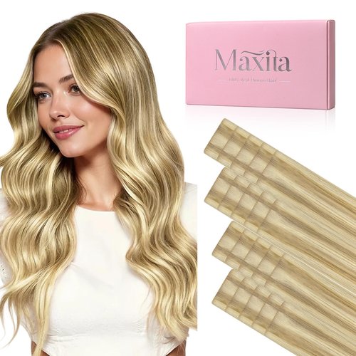 MAXITA Invisi Edge Tape in Hair Extensions Human Hair,Light Blonde Highlighted Golden Blonde Remy Human Hair,20pcs 16 Inch 50g Seamless Injected Tape in Extensions