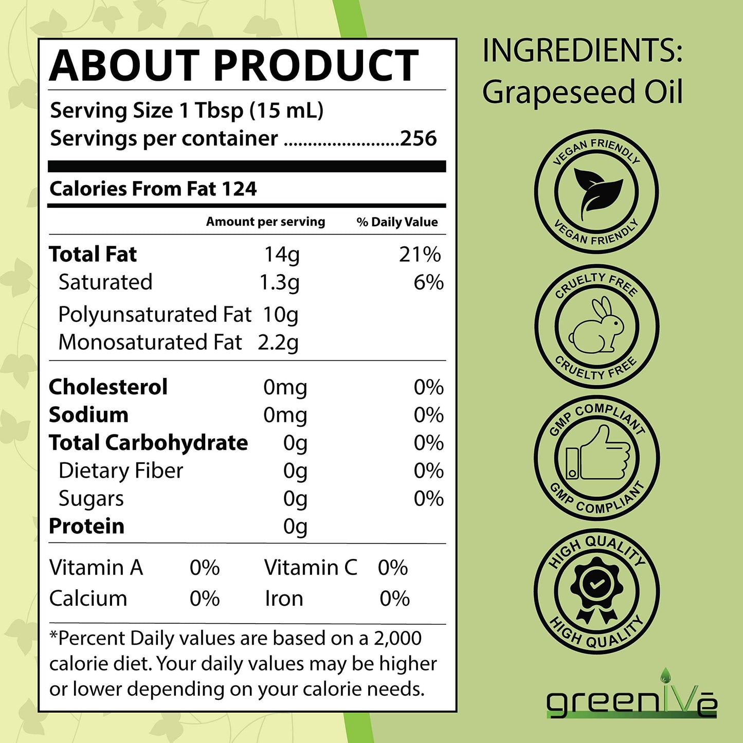 GreenIVe Grapeseed Oil Organically Grown 100% Pure Cold Pressed Light Flavor High Tempurature Cooking (128 Fl Oz (Gallon))