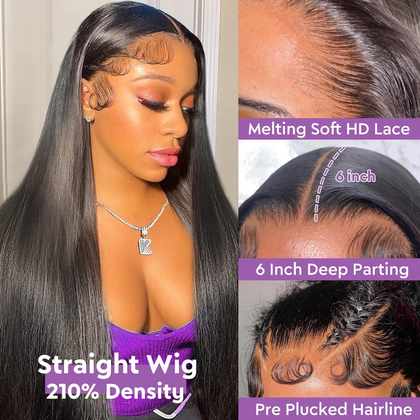 Minqisheng 13x6 Straigt Lace Front Wigs Human Hair Pre Plucked HD Transparent Lace Frontal Wigs Human Hair 210% Density Glueless Human Wigs with Baby Hair for Women 26 Inch