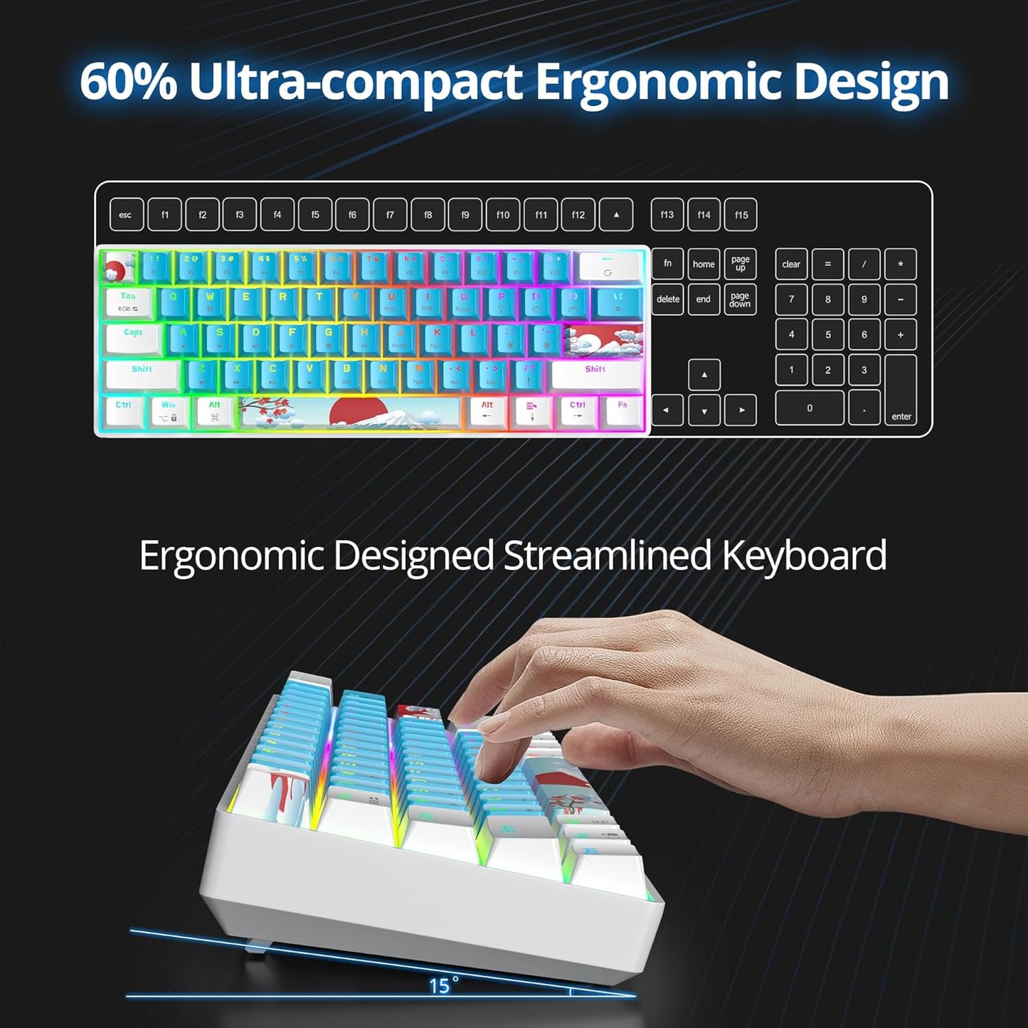 60 Percent Keyboard Mechanical RGB Backlit Wired 60% Gaming Keyboard Blue with PBT Keycaps for Windows PC Gamers (Sea/Red Switch)