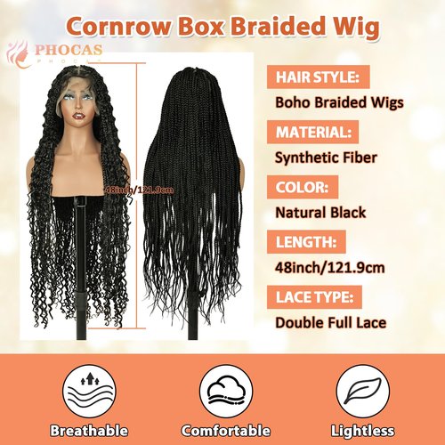 PHOCAS Boho Braid Wig 48'',Knotless Braided Wigs Natural Black,Curly Ended Double Full Lace Box Braids Wig for Women