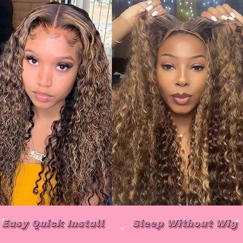 Wighottie Wear and Go Glueless Highlight Ombre 4/27 Human Hair Wigs Deep Wave Curly Wet and Wavy Lace Front Pre Plucked Pre Cut 5x5 HD Lace Closure Wigs for Black Women （4/27 24 Inch）