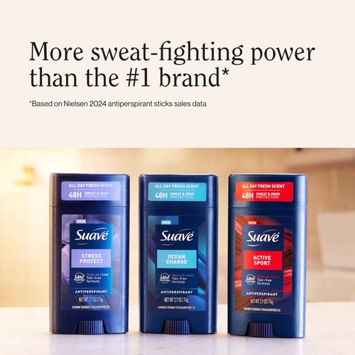 Suave Ocean Charge Men’s Antiperspirant Deodorant, All Day Marine & Driftwood Scent, for 48hr Odor & Wetness Protection, 2.7oz, 12 Pack