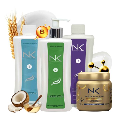 NK Professional Care Sensitive Keratin Hair Straightening Treatment, Vegan, Formaldehyde Free. Kit Steps 1,2,3,4. Sensitive straightening treatment, post-treatment shampoo and restorative mask.