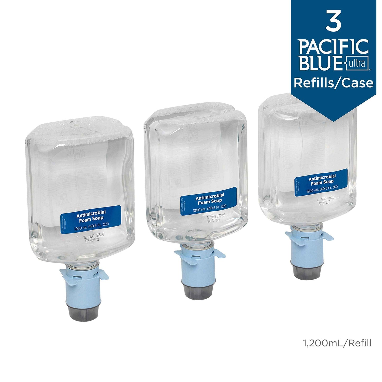 Georgia-Pacific-43822 Pacific Blue Ultra Antimicrobial Foam Soap Refills for Automated Touchless Soap Dispenser, Dye and Fragrance Free, 3 Bottles/Case