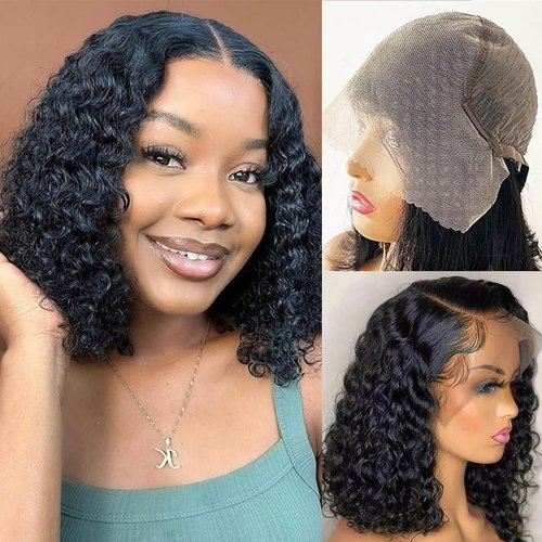 VIULKY 13x6 Deep Wave Lace Front Wigs Short Curly Bob Wig Human Hair 200 Density HD Glueless Lace Frontal Human Hair Wigs for Black Women Pre Plucked Natural Black 8 Inch