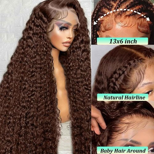 Chocolate Brown Deep Wave Lace Front Wigs Human Hair 13X6 Lace Front Wigs Human Hair Pre Plucked 180% Density HD Transparent Lace Frontal Wigs For Women Colored Deep Curly (Chocolate Brown, 24 Inch)