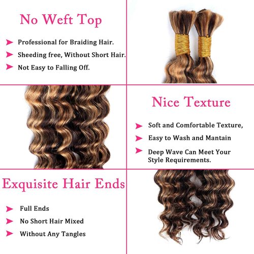 Human Braiding Hair for Boho Braids Highlight Deep Wave Bulk Human Hair for Braiding 22 Inch 2 Bundles 100G P430 Brazilian Wet and Wavy Curly Ombre Human Hair Braiding Hair Extensions No Weft Bundles