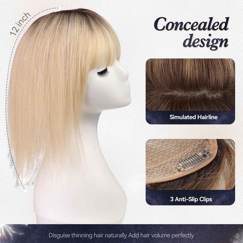 starluck Hair Toppers for Women Real Human Hair with Bangs 4.5"*5.5"Large Base 14 Inch 100% Real Human HairToppers for Women with ThinningHair Cover Gray Roots(ombre Light Blonde)
